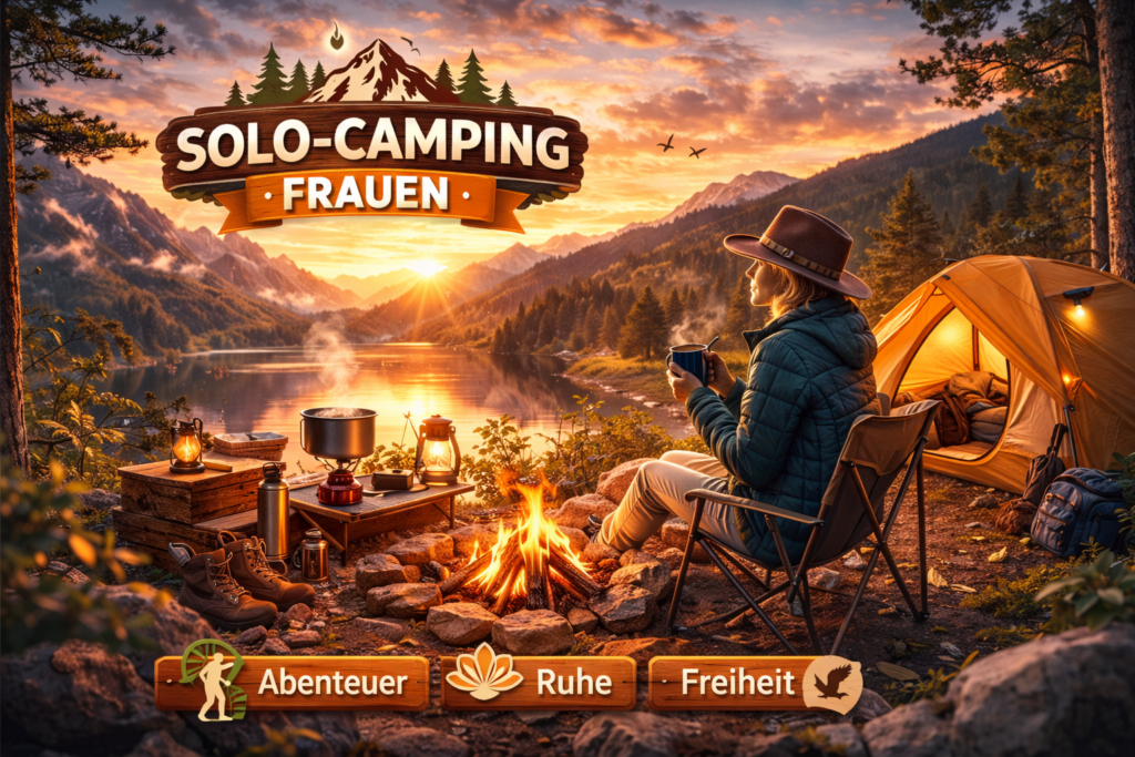 Eine Frau sitzt entspannt vor ihrem Camper in der Natur und genießt die Ruhe als Symbol für Solo-Camping und Selfcare.